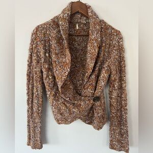 Free People Cropped Chunky Knit Button Cardigan Sweater, Brown Marled, Size M